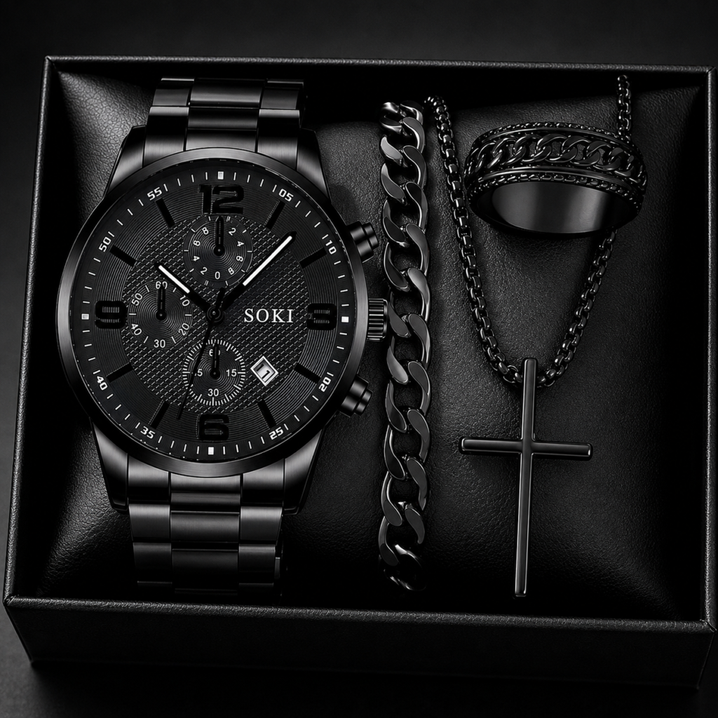 Black Luxury Watch & Cross Bracelet Set