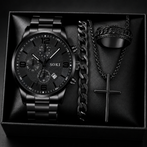 Black Luxury Watch & Cross Bracelet Set