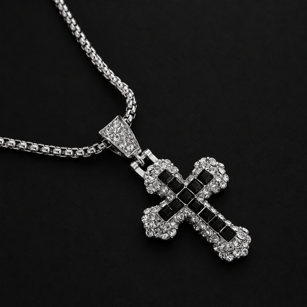 Silver & Black Cross Pendant Necklace