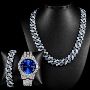 Blue & Silver Iced Cuban Chain Watch Set