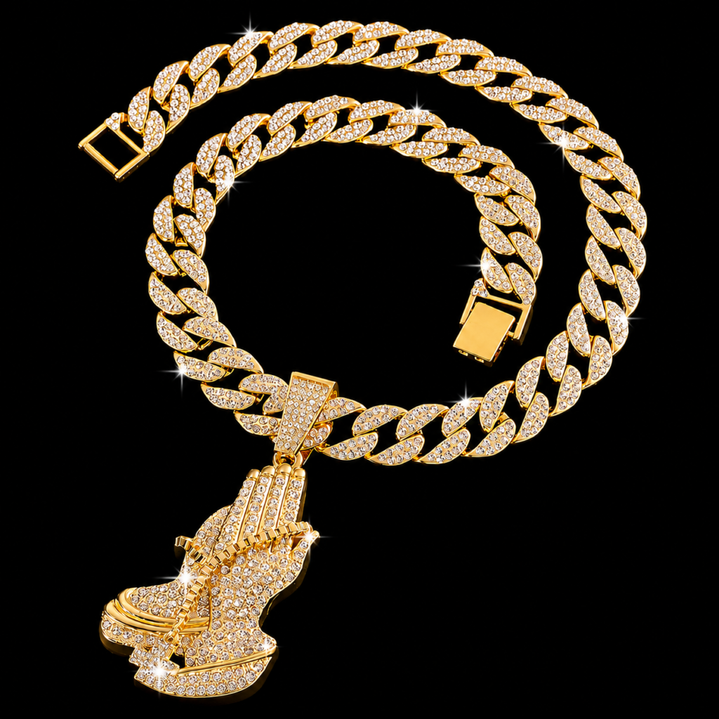 Iced Out Praying Hands Pendant with Cuban Link Chain in Gold Finish
