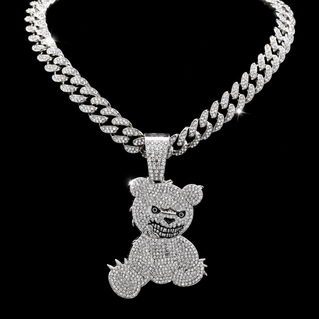 Iced Silver Teddy Bear Pendant Cuban Chain