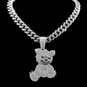 Iced Silver Teddy Bear Pendant Cuban Chain