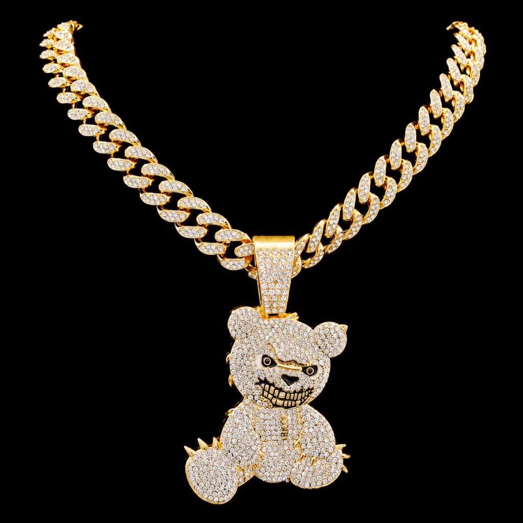 Iced Gold Teddy Bear Pendant Cuban Chain