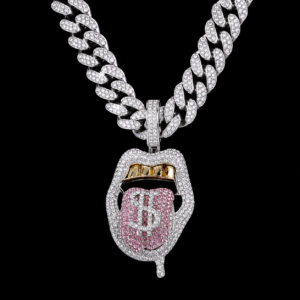 Iced Silver Lips Pendant Cuban Chain